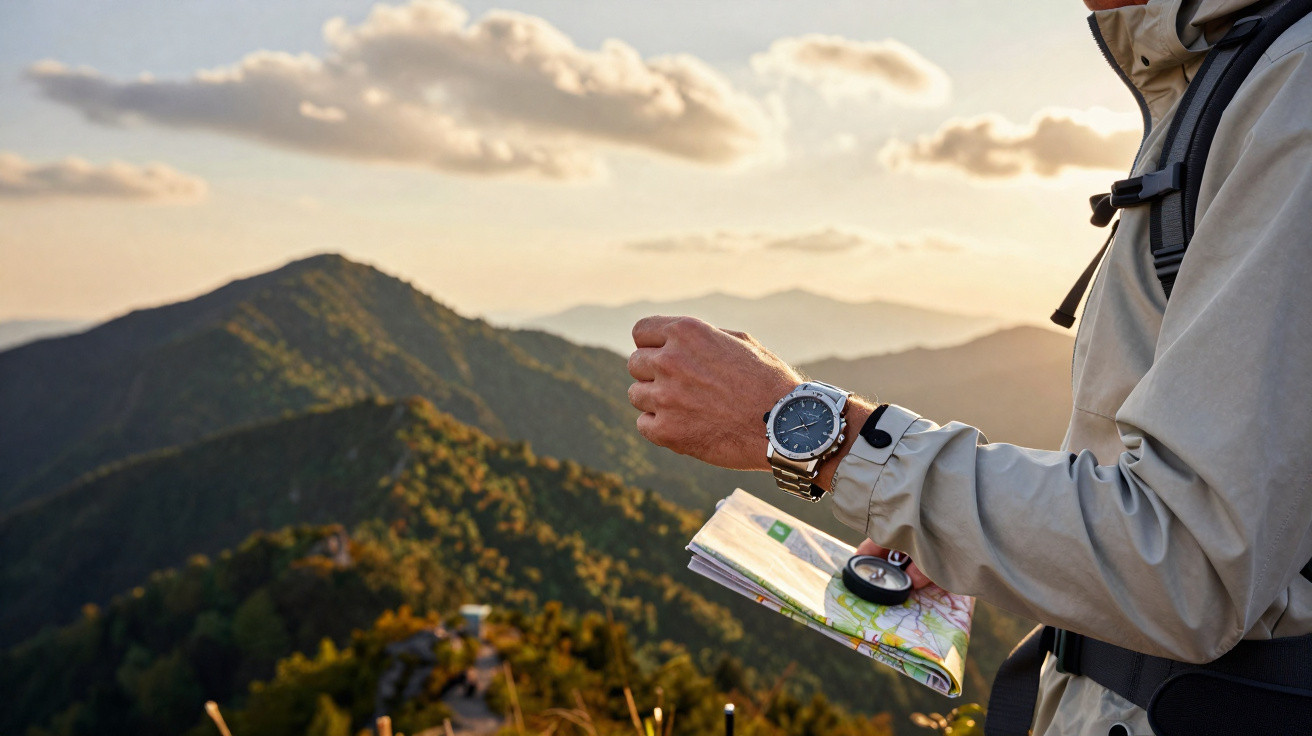 Pessoa segurando mapa e bússola com relógio em punho e vista panorâmica de montanhas ao fundo.