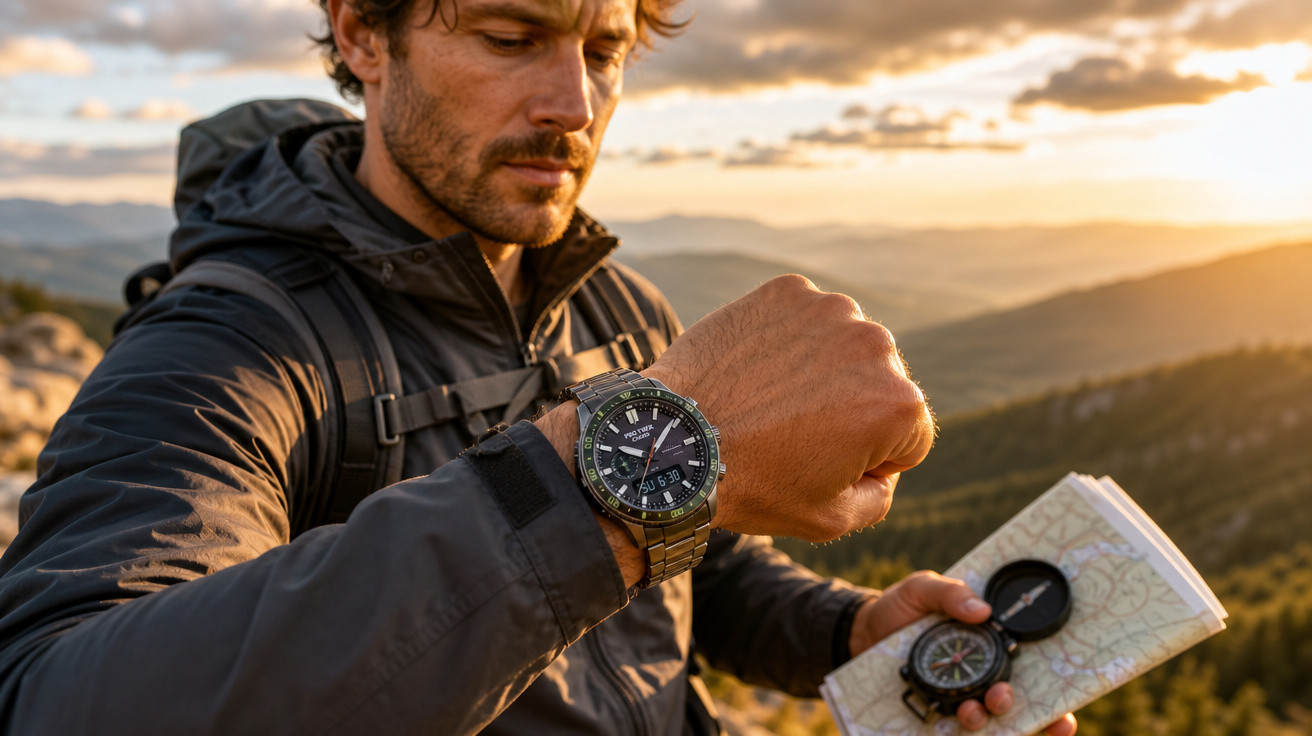 Homem ao ar livre consultando relógio e segurando bússola e mapa durante o pôr do sol na montanha.