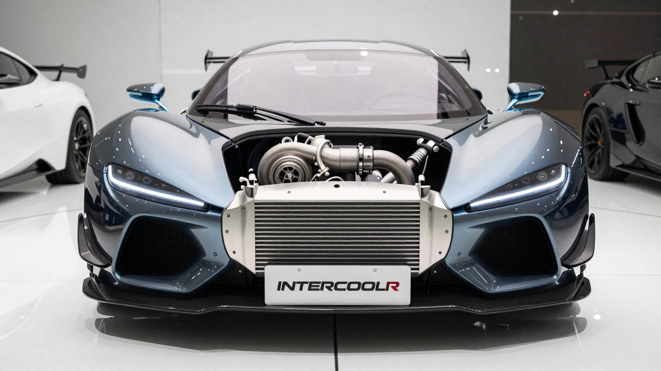 Carro esportivo azul com capô aberto mostrando motor e intercooler em exposição interna.