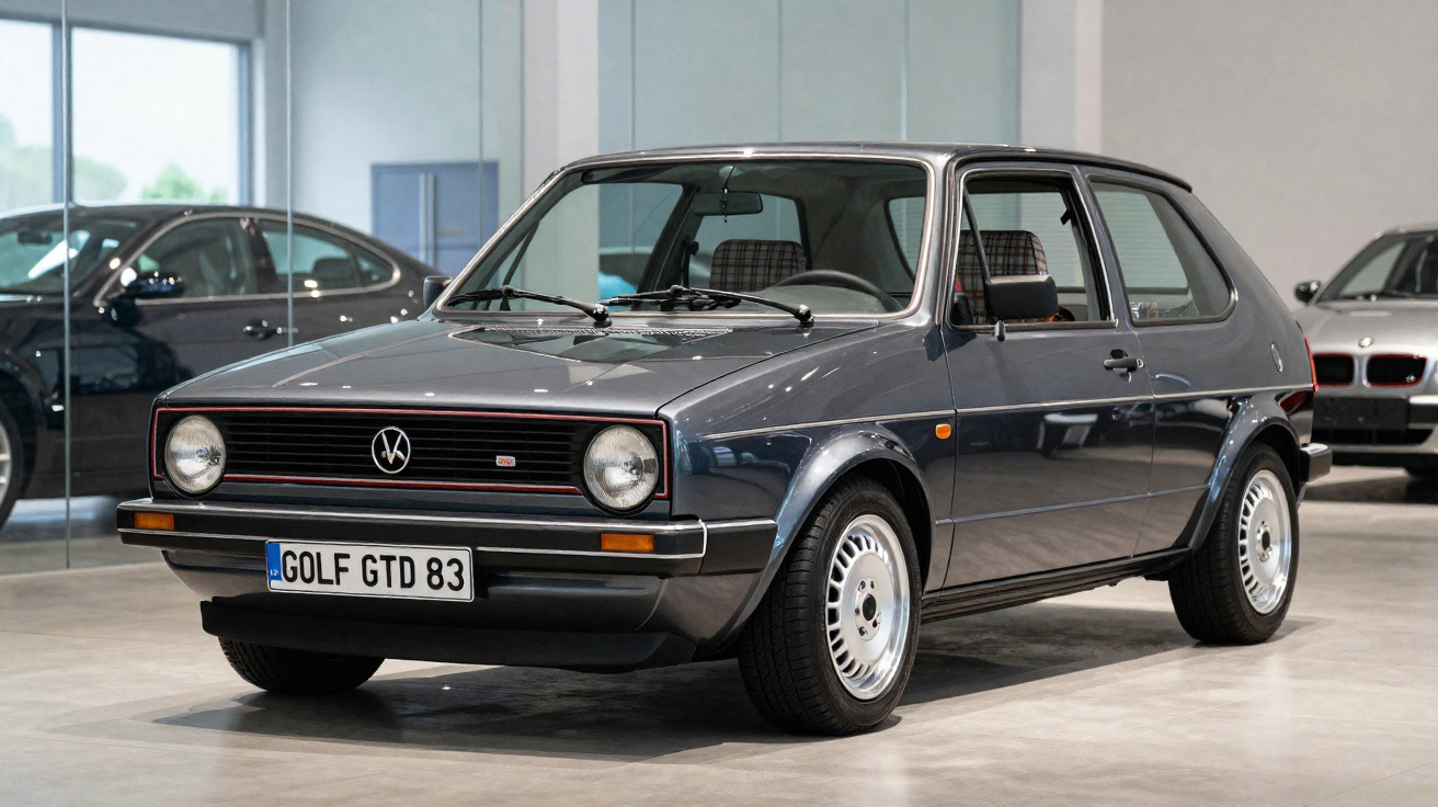Carro Volkswagen Golf GTD 83 cinza estacionado em showroom com outros carros ao fundo.