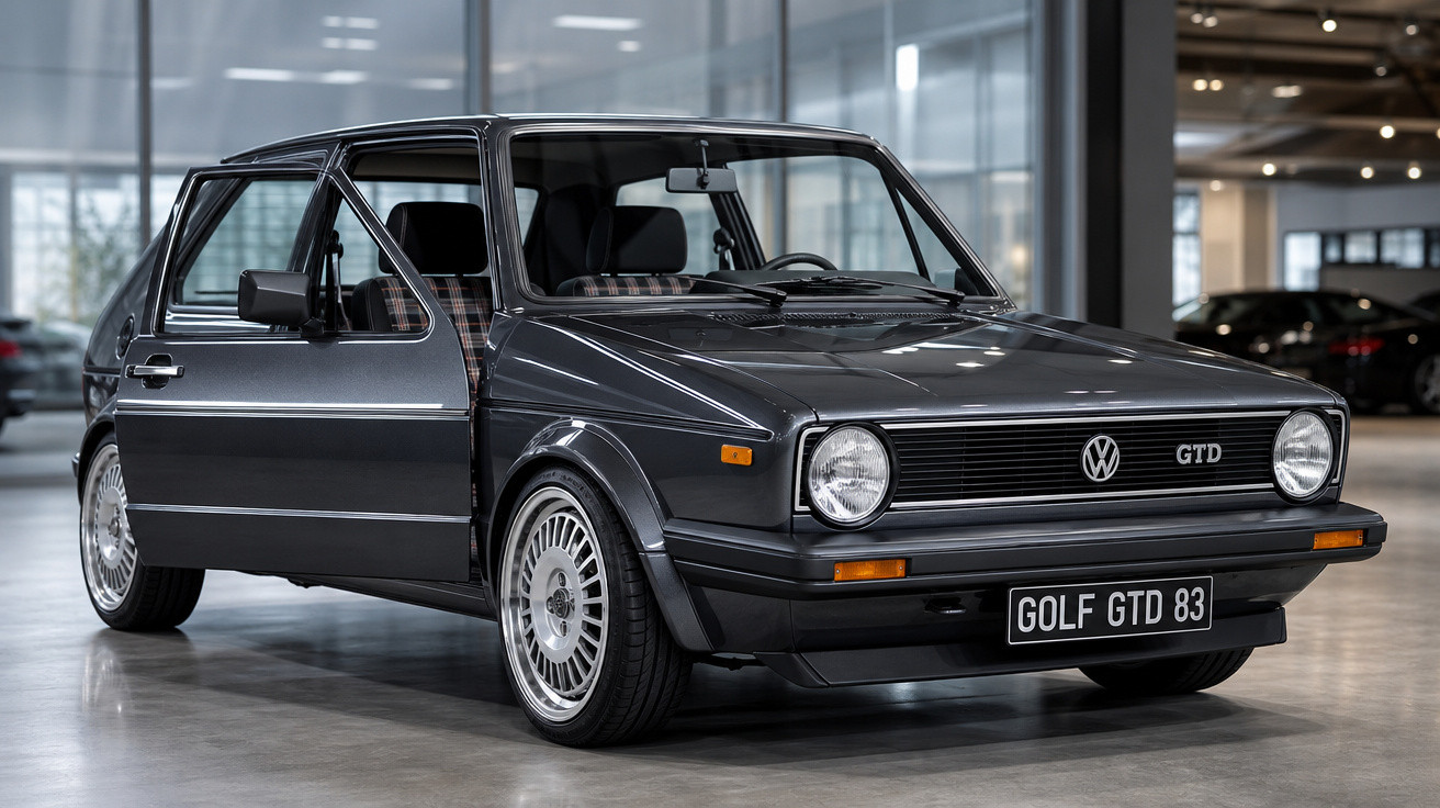 Carro Volkswagen Golf GTD 1983 preto em exposição interna com porta dianteira aberta.