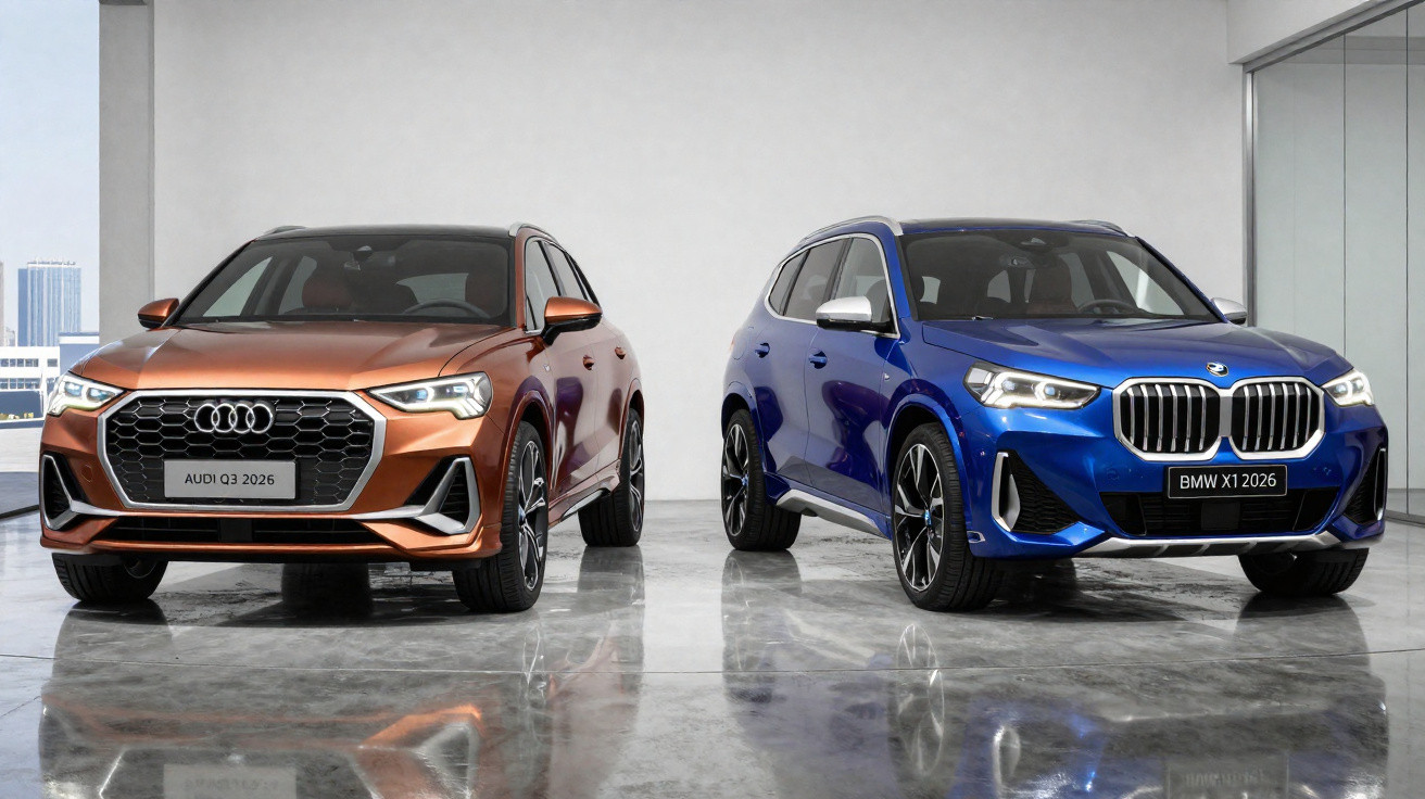 SUVs Audi Q3 2026 em cor cobre e BMW X1 2026 em azul exibidos em ambiente interno moderno.