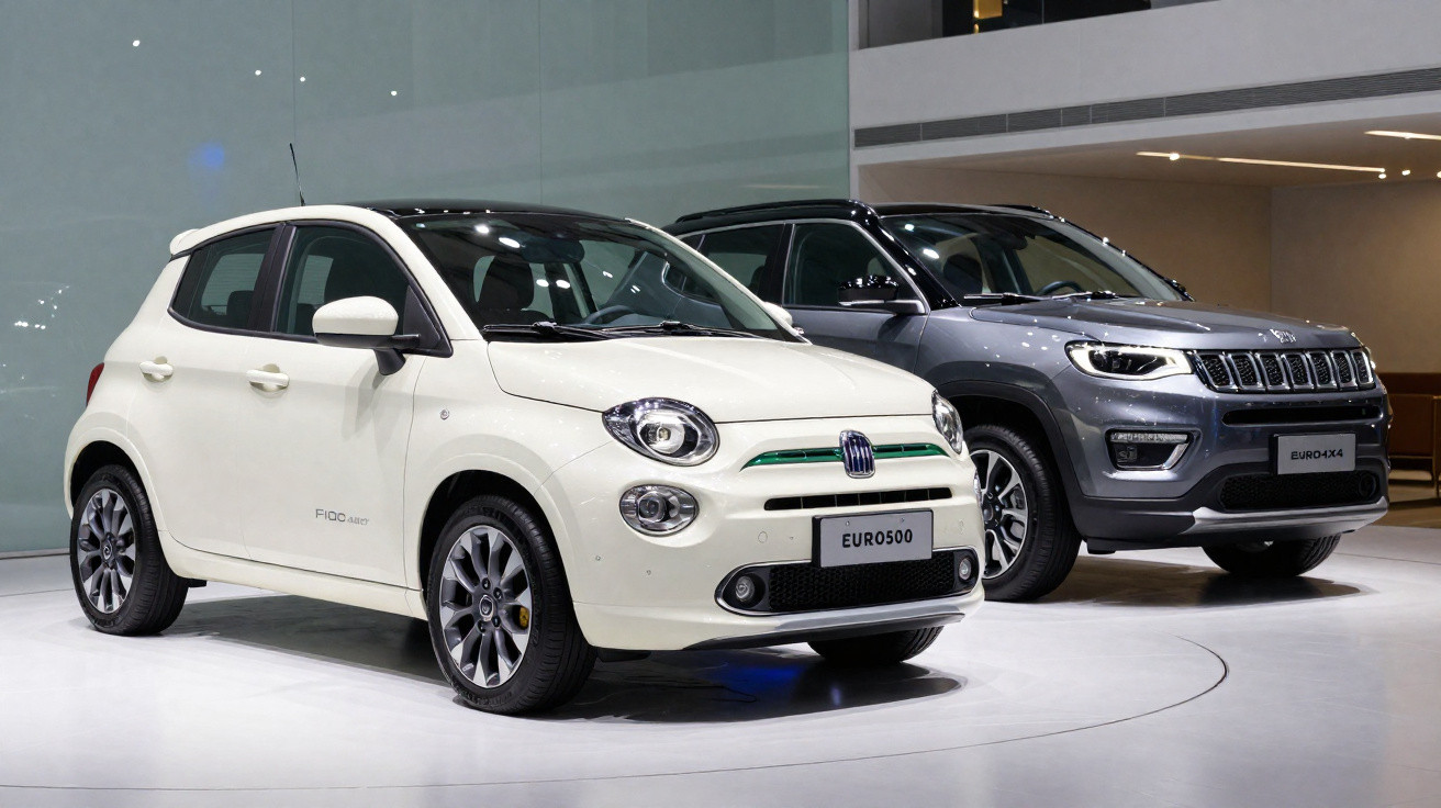 Dois carros exibidos em salão, sendo um compacto branco e um SUV cinza ao fundo, ambos em destaque.
