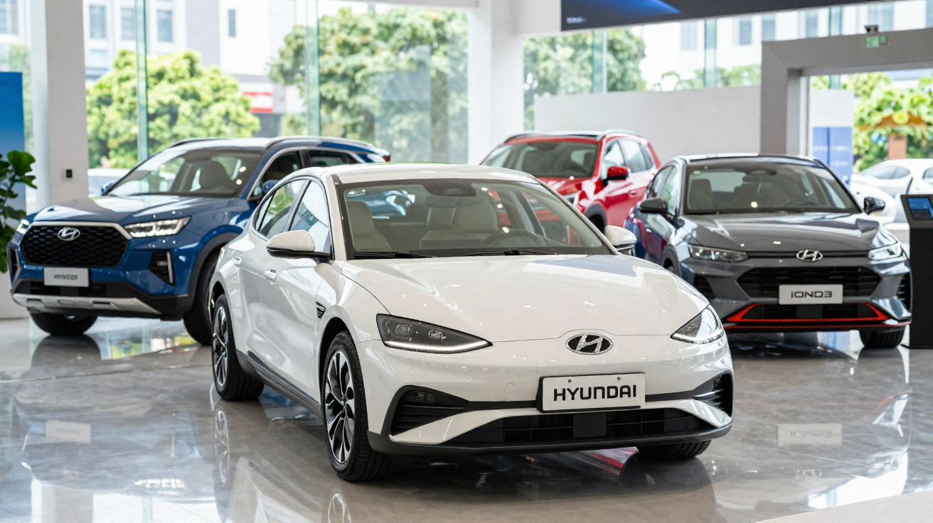 Carros Hyundai novos expostos em concessionária com vidro e árvores ao fundo, destaque para carro branco.