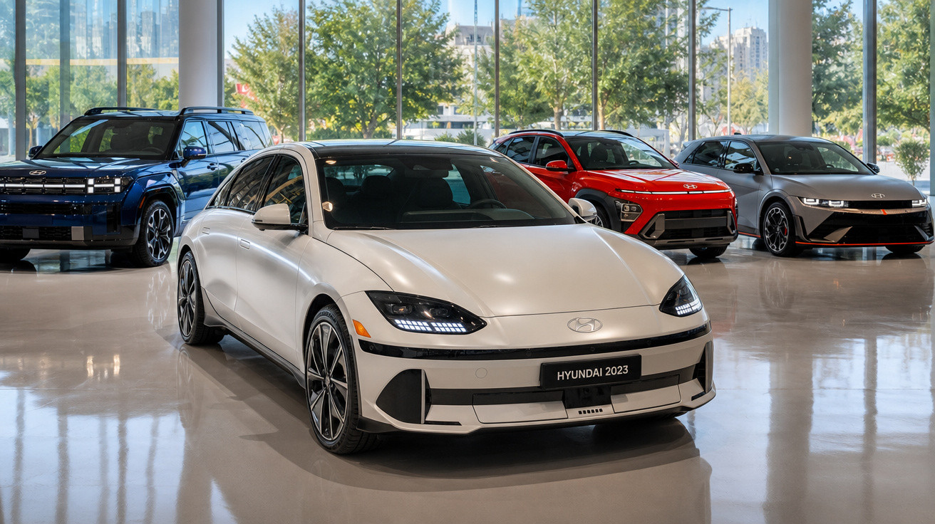 Showroom com quatro carros Hyundai 2023, destaque para sedã branco em primeiro plano, em ambiente iluminado e moderno.
