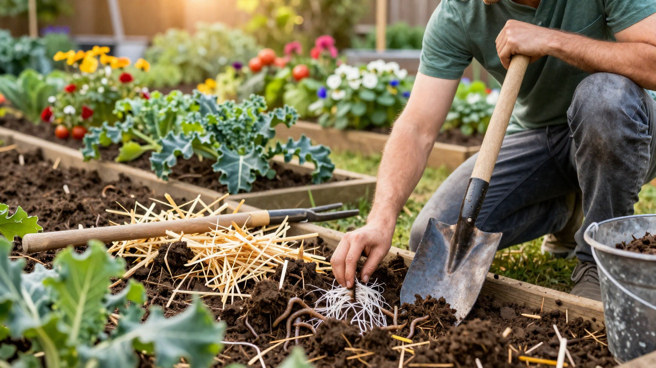 Pessoa plantando mudas em jardim com terra, ferramentas de jardinagem e plantas floridas ao fundo.