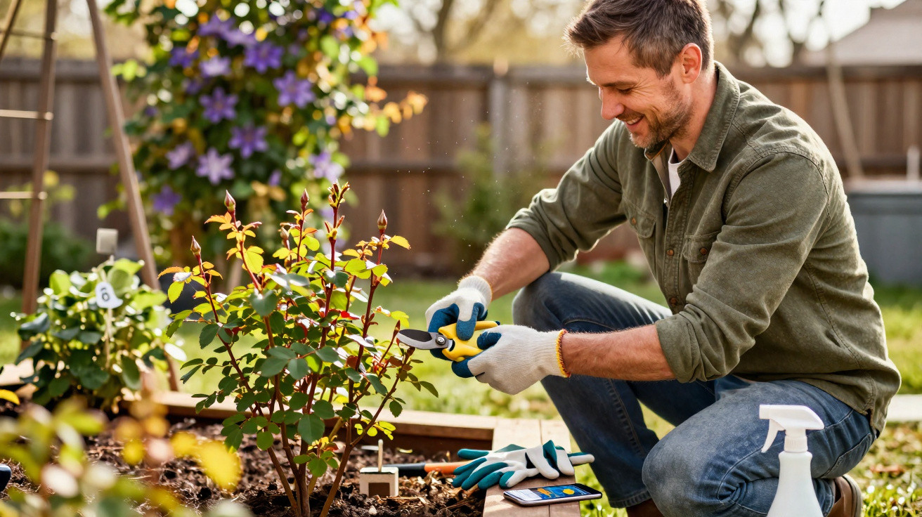Homem sorridente podando plantas com tesoura de jardinagem em canteiro no jardim ensolarado.