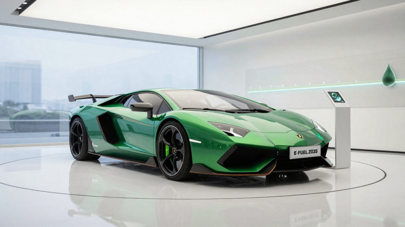 Carro esportivo verde com design futurista exibido em ambiente moderno e minimalista.
