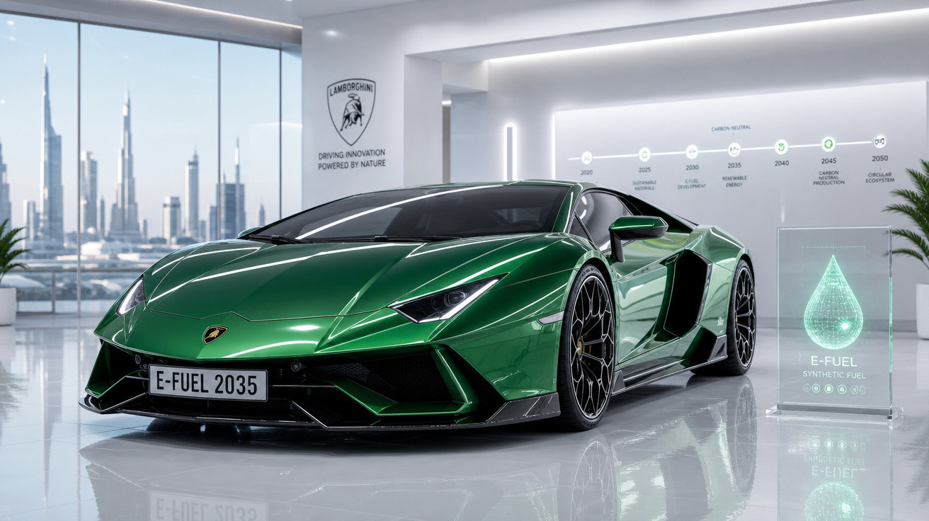 Carro esportivo Lamborghini verde em showroom moderno com painéis sobre combustível sintético e metas ambientais.