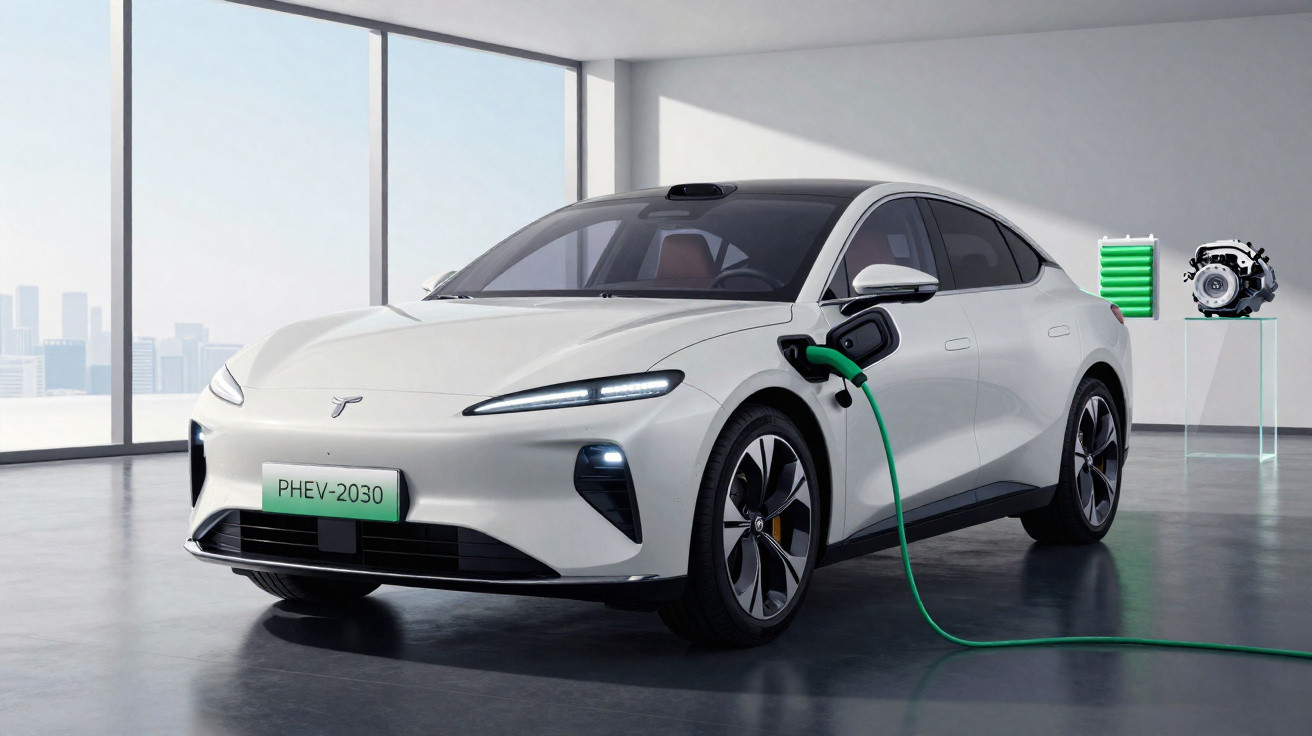 Carro elétrico branco sendo carregado em ambiente interno moderno com janela e vista da cidade.