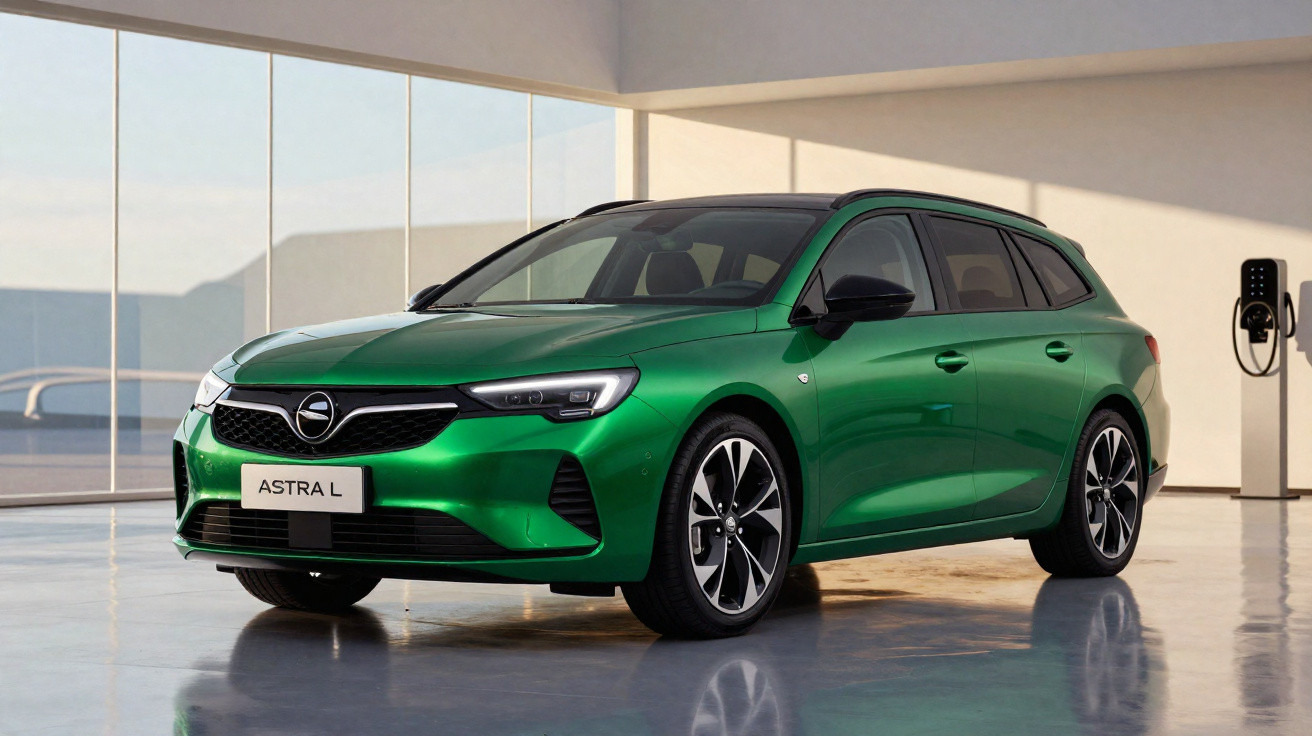 Carro Opel Astra L verde metálico estacionado em espaço interno com carregador elétrico ao fundo.