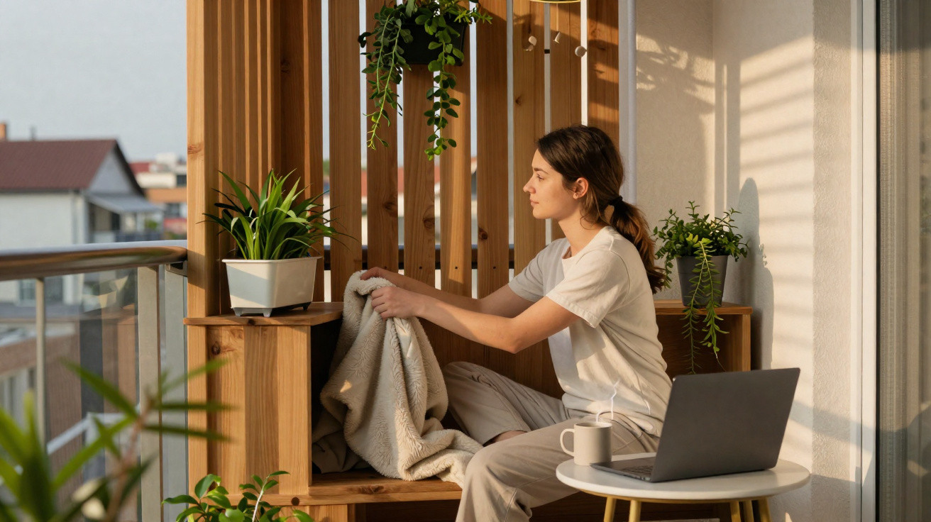 Mulher sentada em varanda com plantas, segurando um cobertor, com notebook e xícara na mesa ao lado.