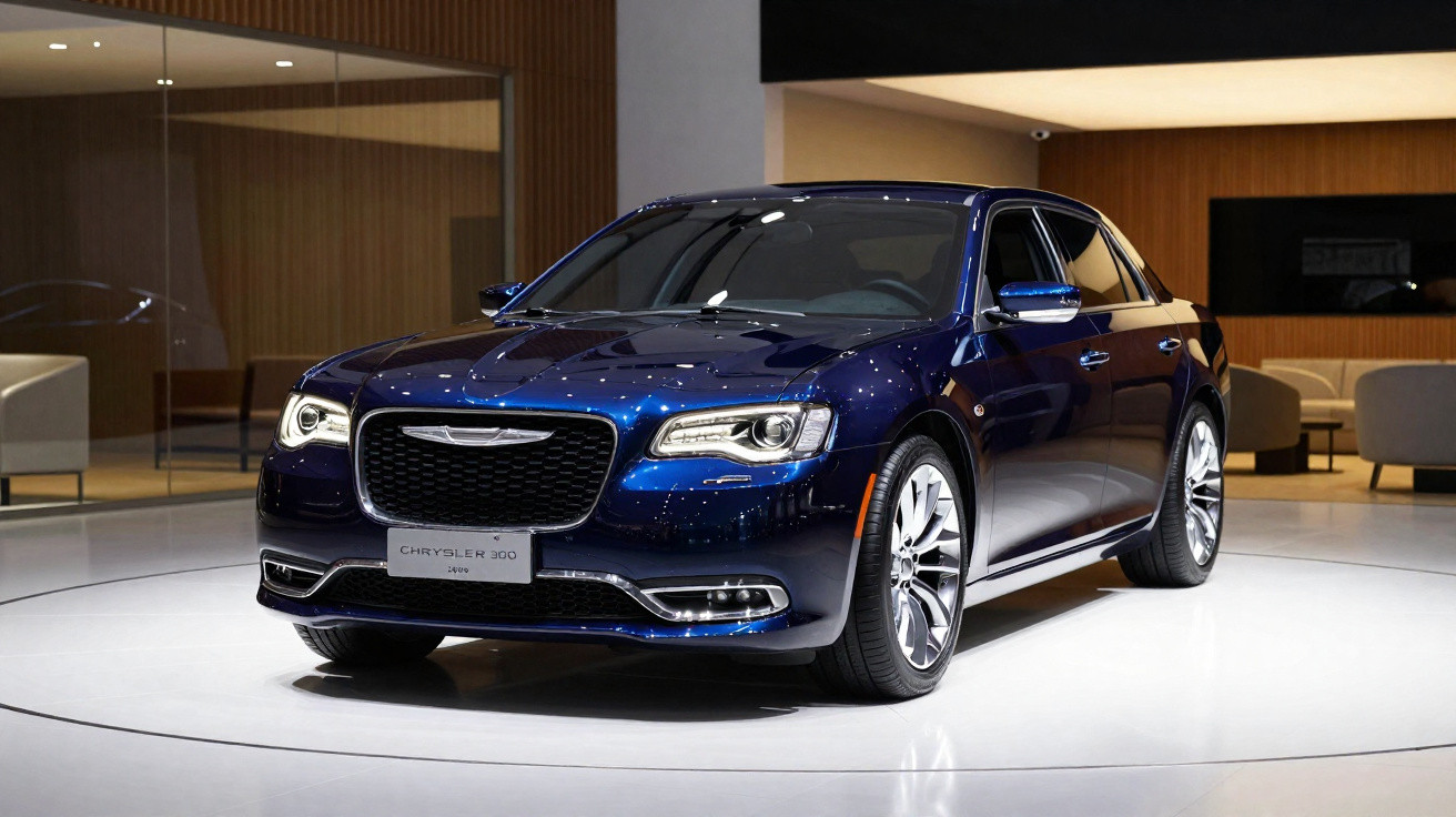 Carro sedan Chrysler 300 azul metálico em exposição em ambiente interno moderno.