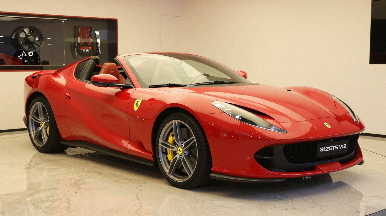 Carro esportivo conversível vermelho Ferrari 812 GTS V12 estacionado em showroom.