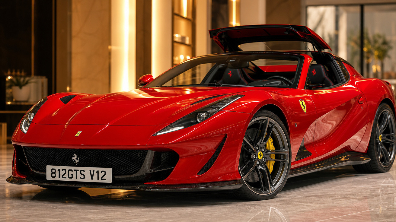 Carro esportivo Ferrari vermelha modelo 812 GTS V12 estacionado em piso interno brilhante.