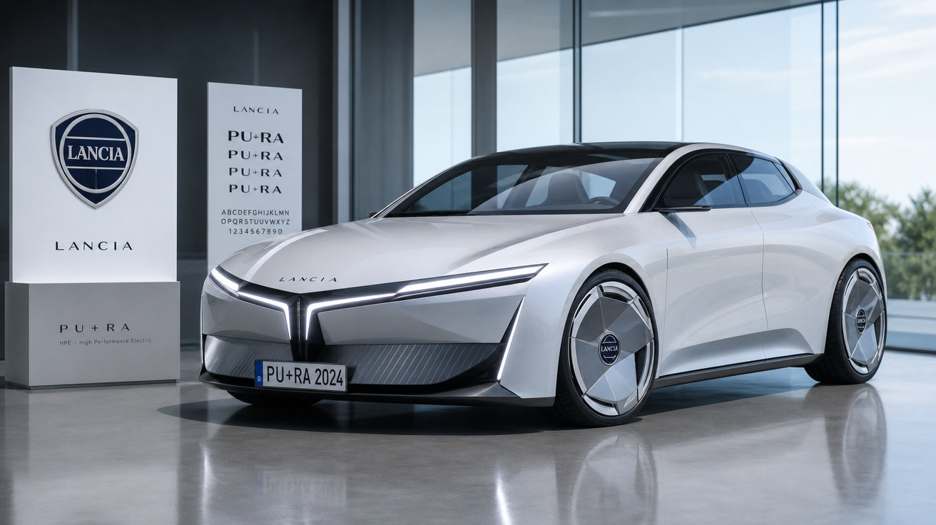 Carro conceito elétrico Lancia Pu+ra 2024 branco em exposição interna moderna com janelas grandes.