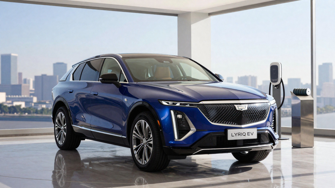 Carro elétrico azul Cadillac Lyriq EV em ambiente interno moderno com carregador ao fundo.