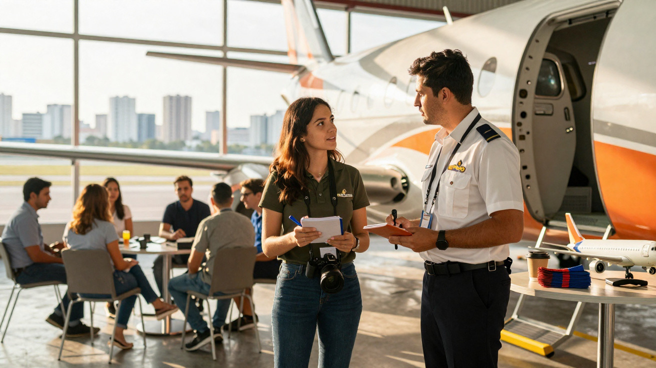 Homem e mulher conversam em hangar próximo a avião, com grupo sentado ao fundo em sala de reunião.