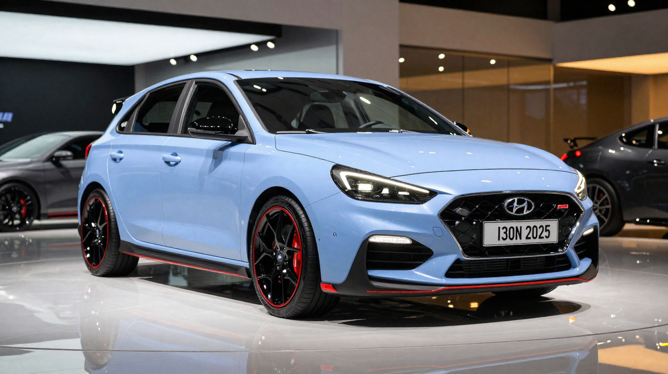 Carro esportivo Hyundai hatchback azul claro com detalhes em preto e vermelho exposto em showroom moderno.