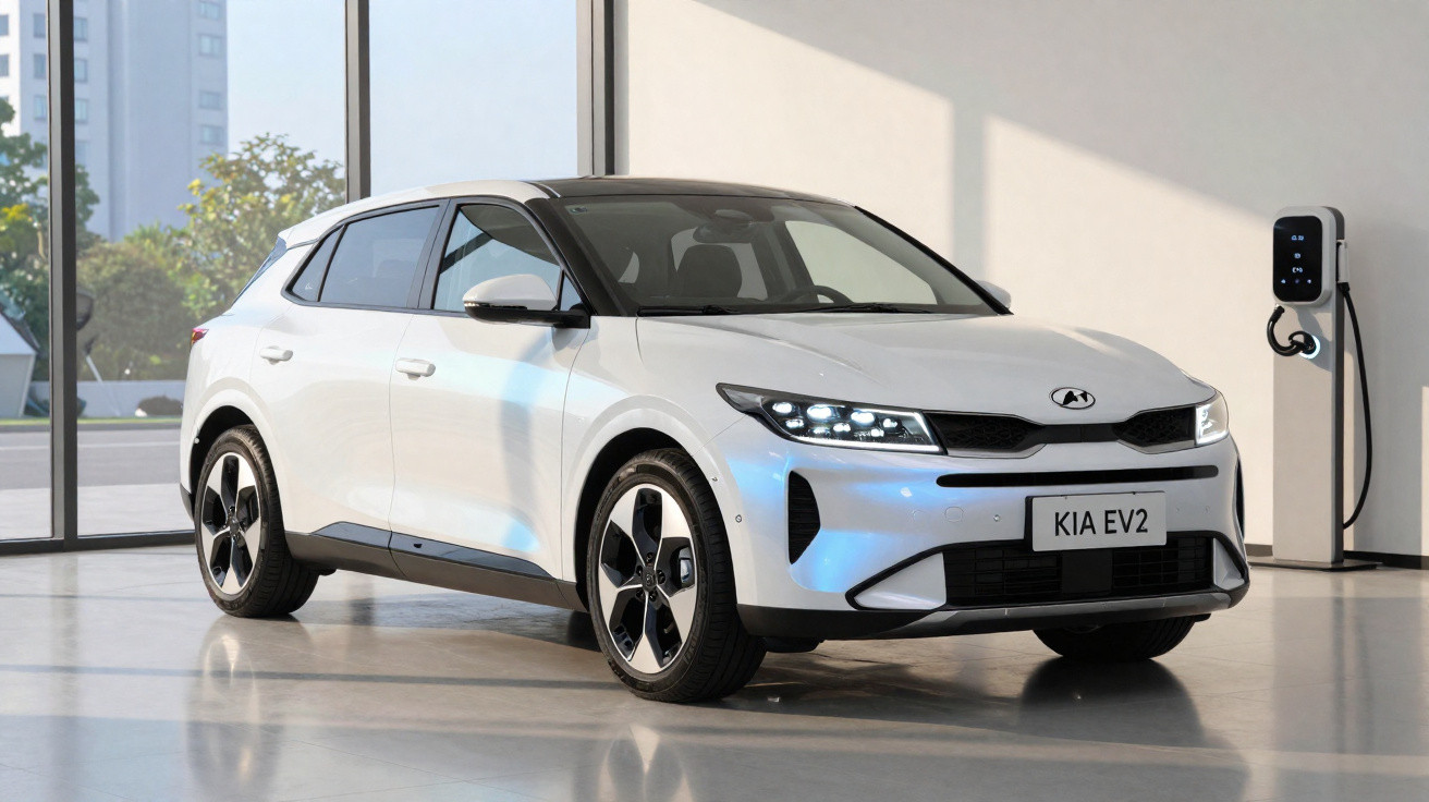 Carro elétrico branco Kia EV2 estacionado em ambiente interno com carregador elétrico na parede.
