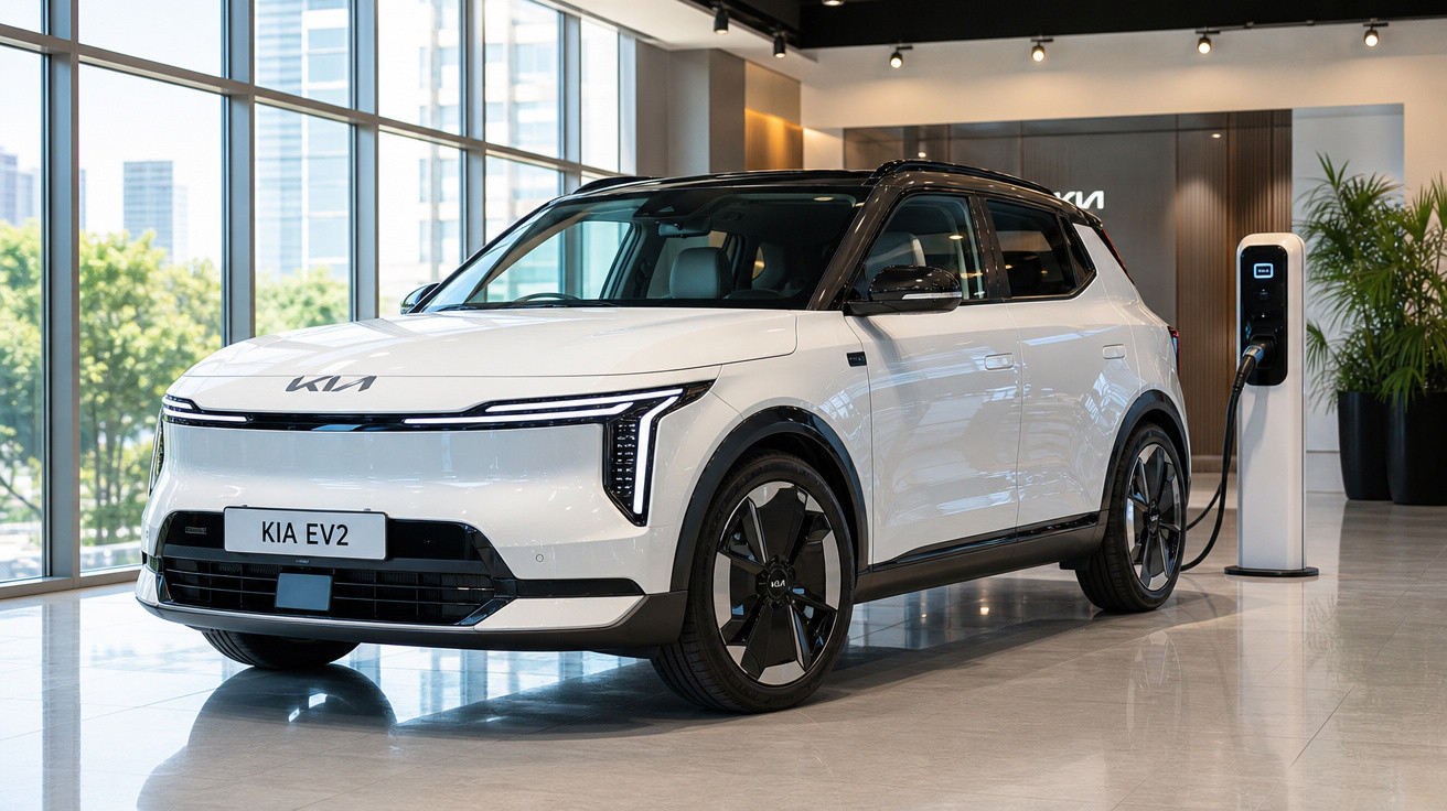 Carro elétrico branco Kia EV2 carregando em estação dentro de showroom moderno com janelas amplas.