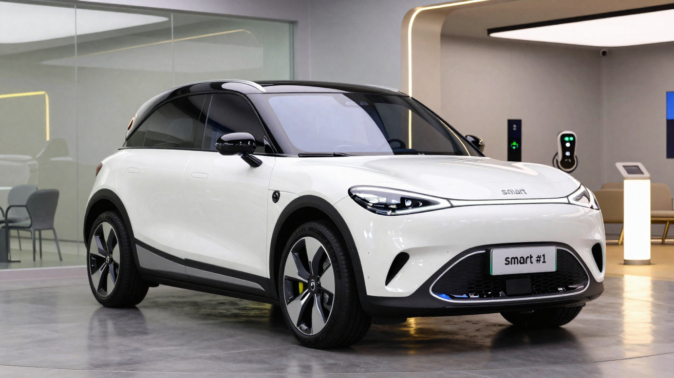 Carro elétrico Smart branco estacionado em ambiente interno moderno com carregador ao fundo.