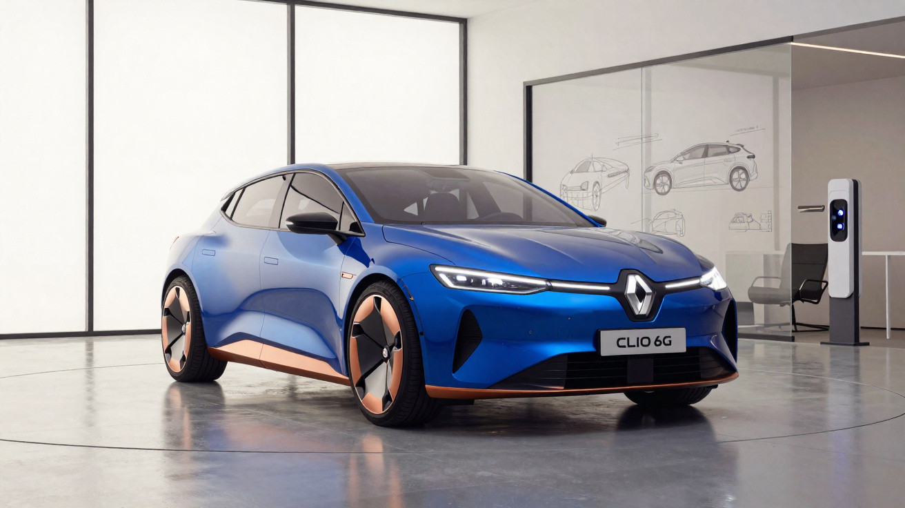 Carro elétrico Renault Clio 6G azul com detalhes em cobre em estúdio moderno com estação de carregamento.