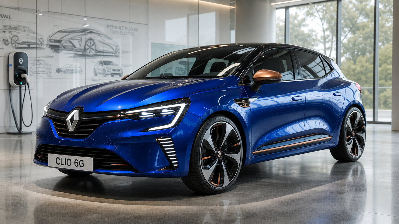 Carro elétrico Renault Clio 6G azul brilhante estacionado em showroom moderno e iluminado.