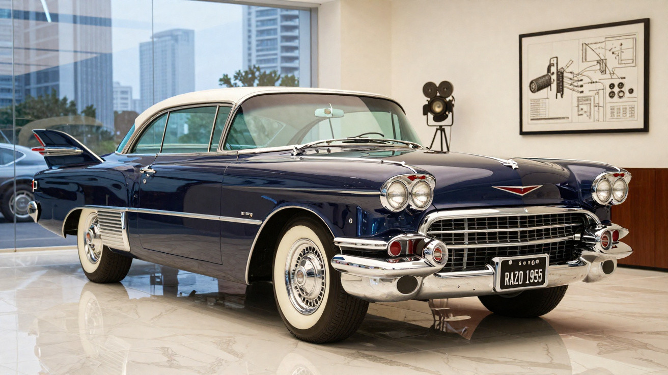 Carro clássico Cadillac azul e branco, modelo 1955, exibido em ambiente interno com piso de mármore.