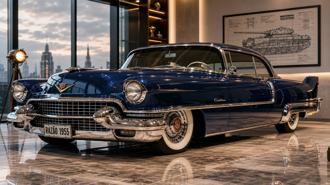 Carro clássico azul Cadillac 1955 em showroom com piso de mármore e janela com vista urbana ao fundo.