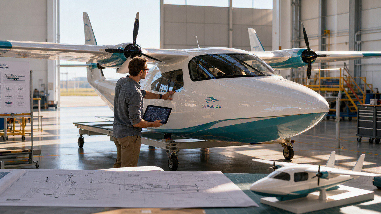 Engenheiro inspeciona avião elétrico branco e azul em hangar com planta e modelo na mesa.