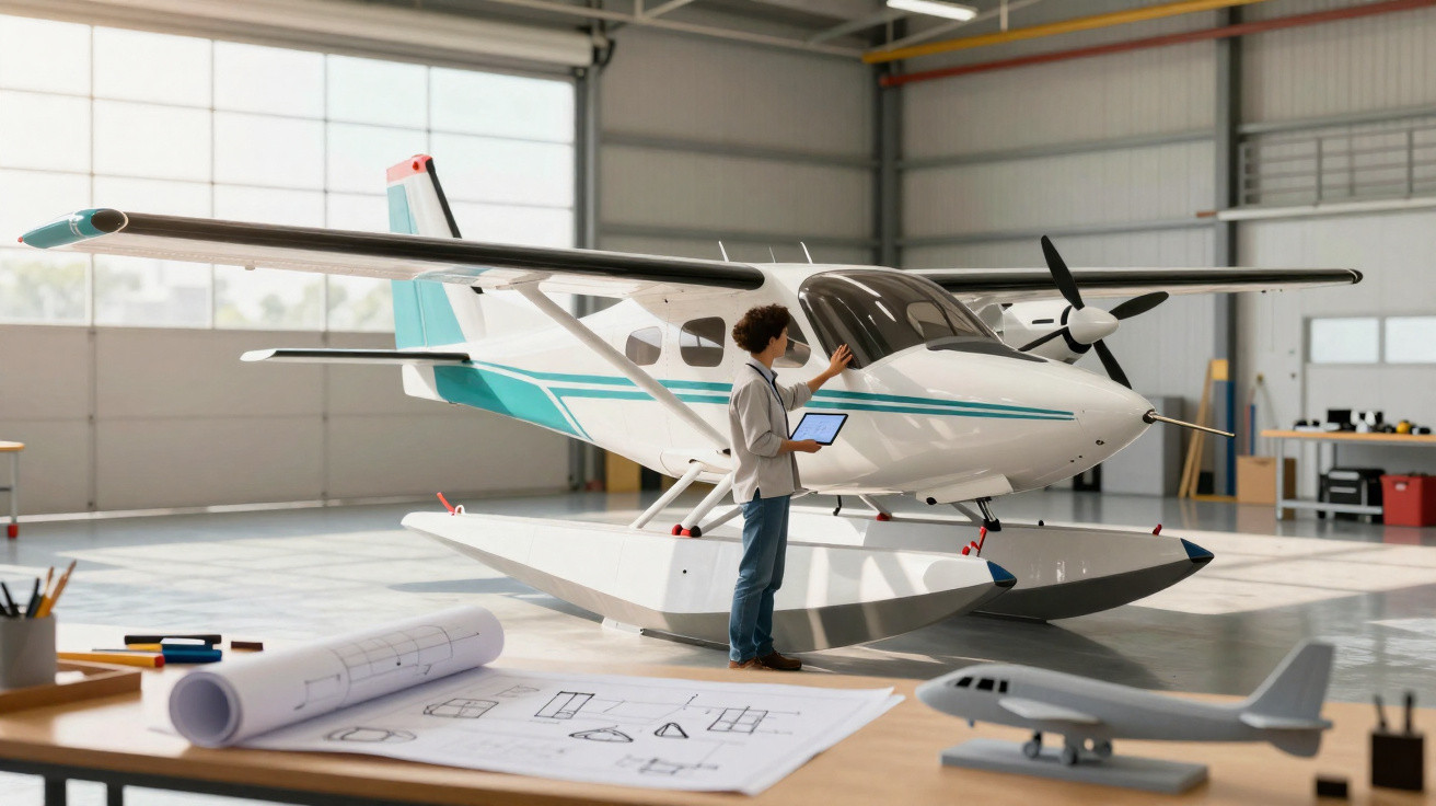 Pessoa inspecionando um hidroavião branco e azul dentro de um hangar com planta e maquete na mesa.