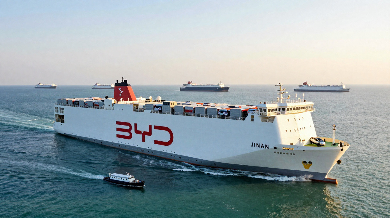Navio cargueiro branco com logo BYD navegando no mar, acompanhado por um pequeno barco preto e branco.