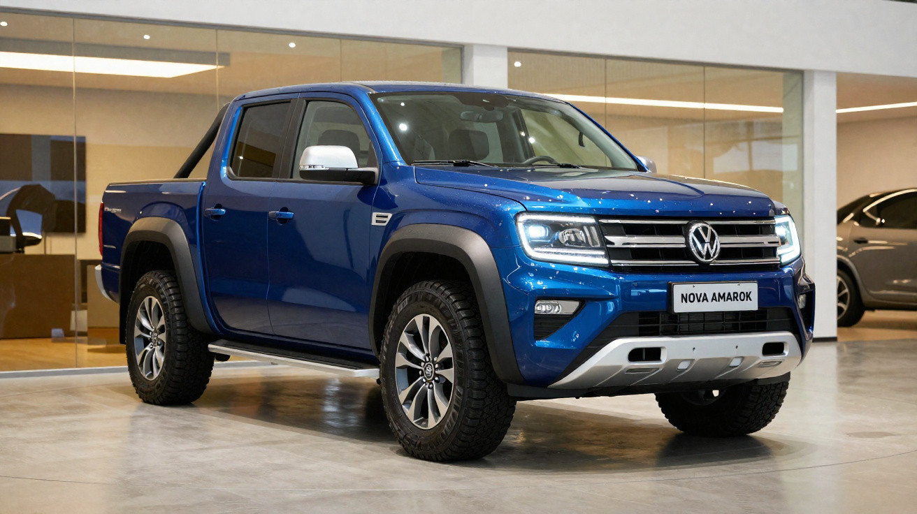 Picape Volkswagen Nova Amarok azul em showroom moderno, vista frontal em ângulo, com pneus robustos e detalhes cromados.