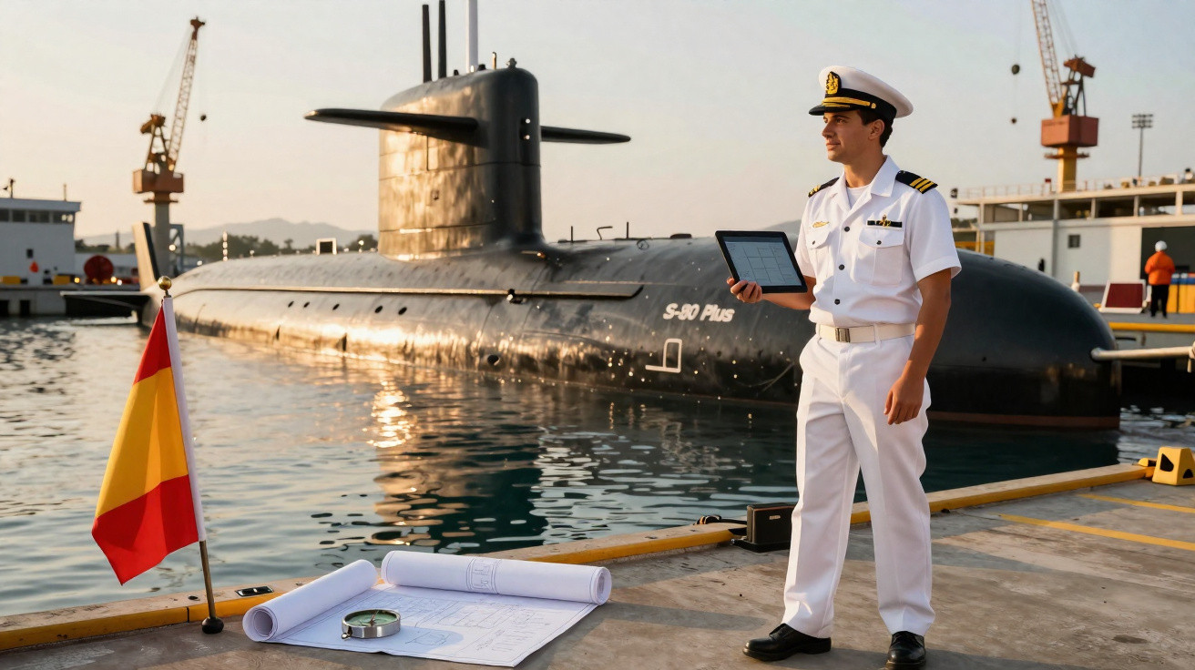 Oficial naval em uniforme branco com tablet ao lado de submarino preto e plantas náuticas em cais.