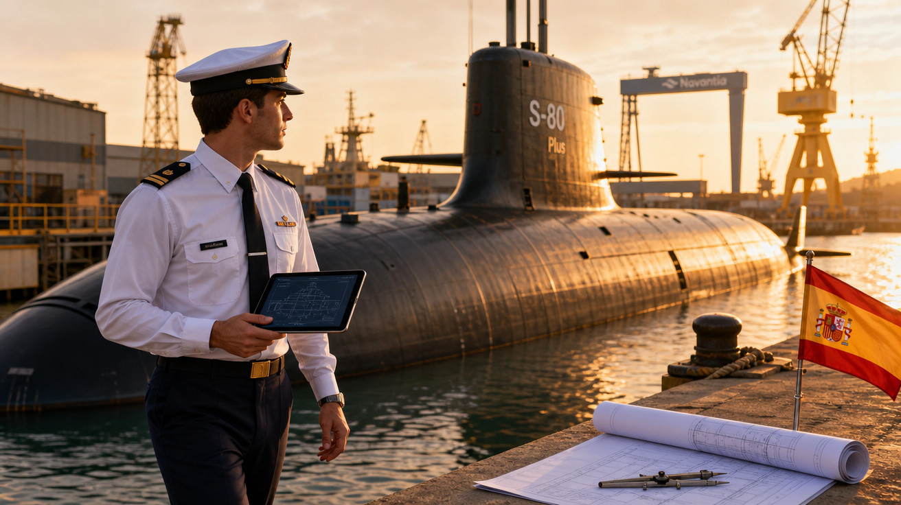 Oficial naval com tablet em doca, ao lado de projetos e submarino S-80 Plus na Espanha ao pôr do sol.