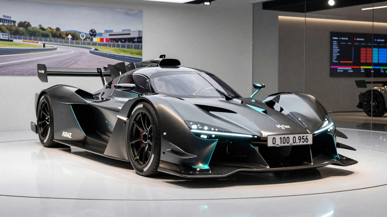 Carro esportivo de alta performance preto com design aerodinâmico exibido em ambiente interno.