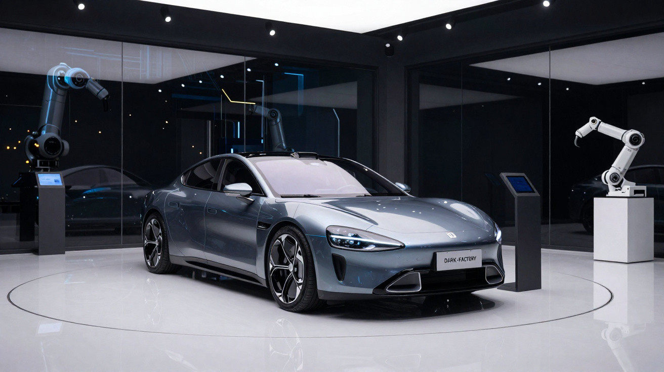 Carro elétrico cinza em exposição futurista com braços robóticos e paredes de vidro preto.