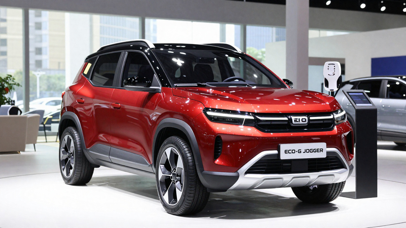 Carro SUV vermelho Eco-J Jogger elétrico exposto em showroom moderno.