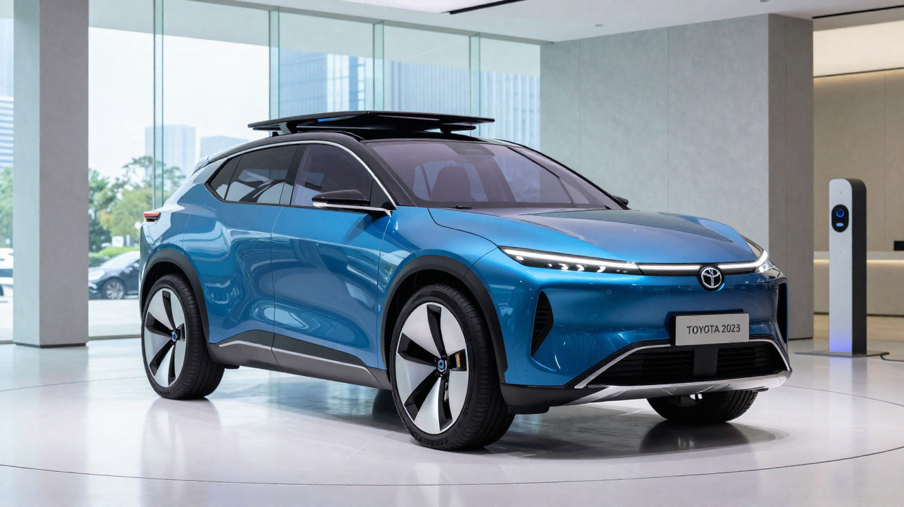 Carro elétrico Toyota 2023 azul em exposição, com design moderno e rodas grandes em showroom.