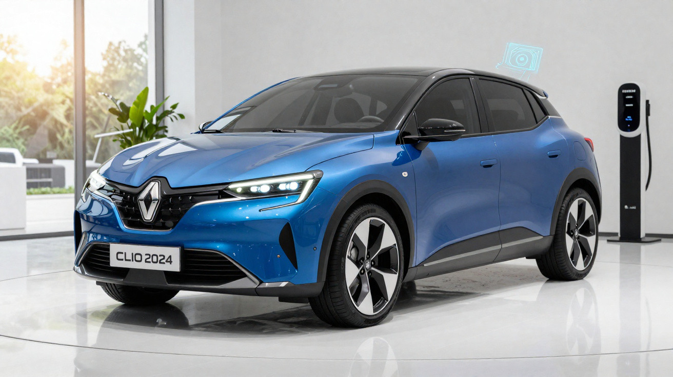 Carro elétrico Renault Clio 2024 azul metálico em exposição interna com estação de recarga ao fundo.