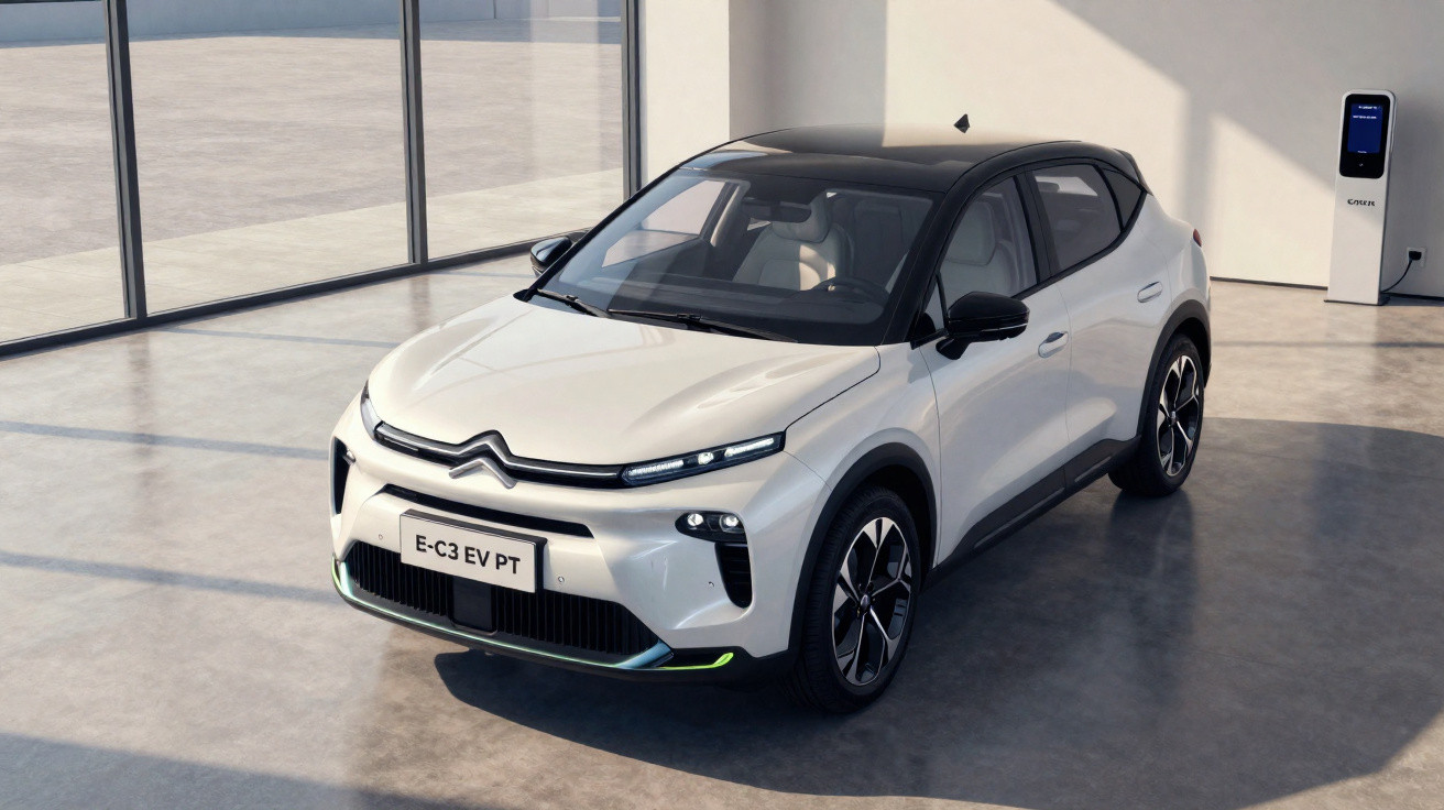 Carro elétrico Citroën E-C3 EV PT branco com teto preto em showroom moderno com estação de recarga elétrica.