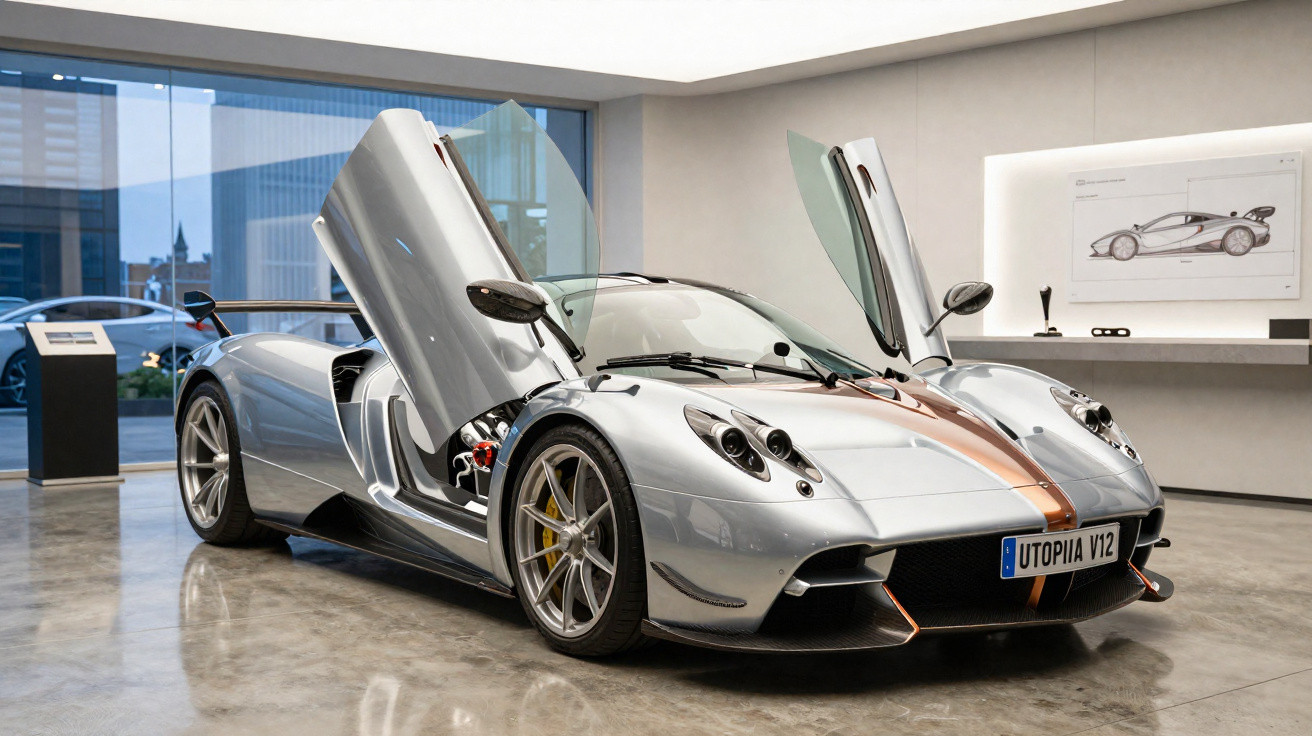 Carro esportivo prata com portas abertas para cima em showroom moderno e iluminação suave.