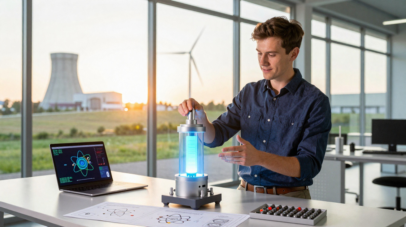 Homem em laboratório com modelo luminoso de átomo, computador e desenhos científicos na mesa.