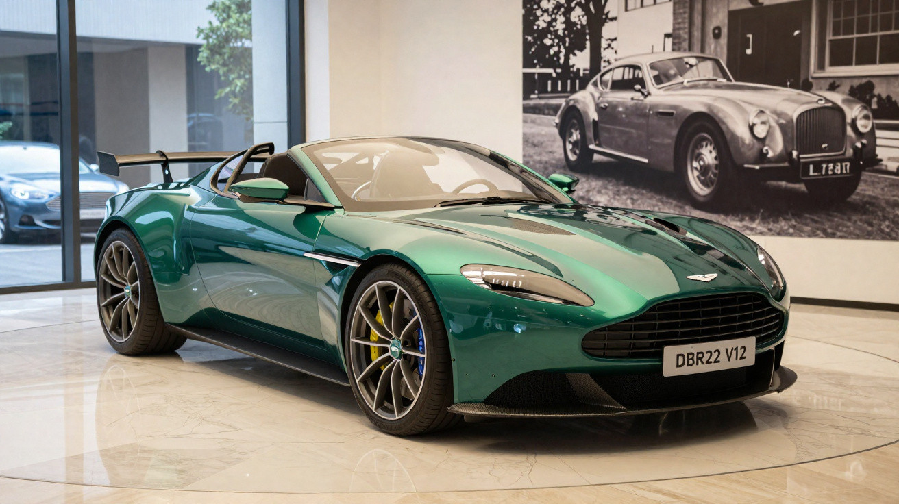 Carro esportivo verde Aston Martin DBR22 V12 exposto em showroom moderno com foto de carro clássico ao fundo.