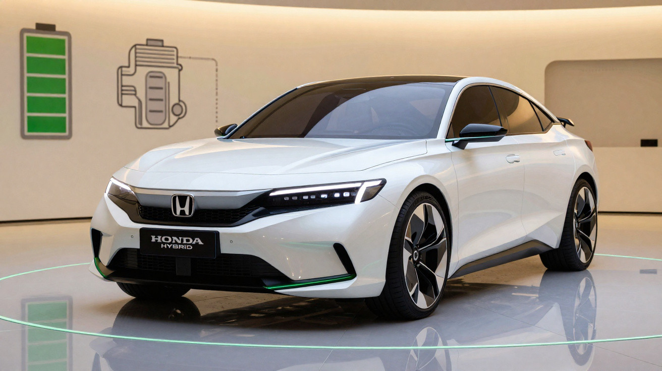 Carro híbrido branco da Honda em exposição, com ícones de bateria e motor ao fundo.