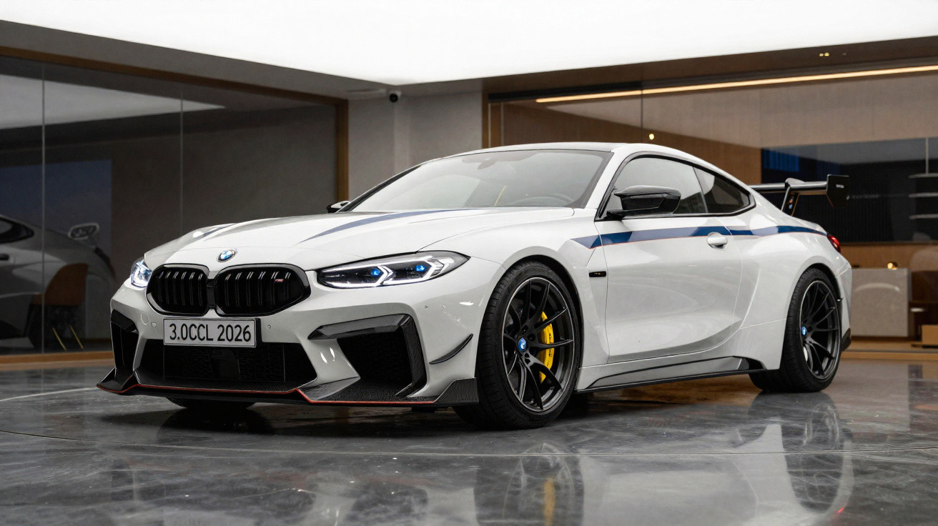BMW esportivo branco estacionado em ambiente interno com pneus pretos e detalhes em azul e amarelo.