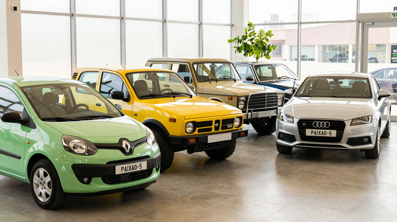 Carros de diferentes modelos e cores em exposição dentro de uma concessionária iluminada pela luz natural.