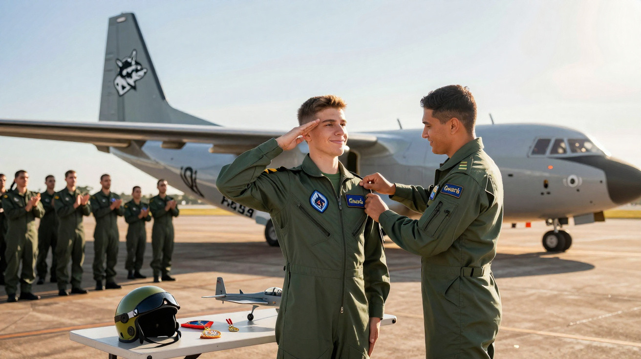 Dois pilotos militares em uniforme e um grupo ao fundo durante cerimônia ao lado de avião na pista de pouso.