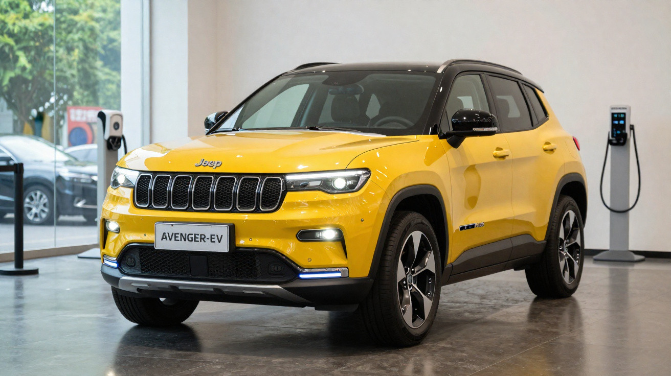 SUV elétrico Jeep Avenger EV amarelo exibido em showroom moderno com carregadores ao fundo.